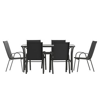Merrick Lane 7 pc Patio Dining Set With Tempered Glass Table And 6 Textilene Chairs