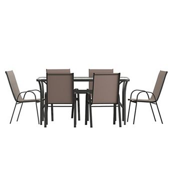 Merrick Lane 7 pc Patio Dining Set With Tempered Glass Table And 6 Textilene Chairs