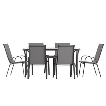 Merrick Lane 7 pc Patio Dining Set With Tempered Glass Table And 6 Textilene Chairs