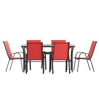 Merrick Lane 7 pc Patio Dining Set With Tempered Glass Table And 6 Textilene Chairs