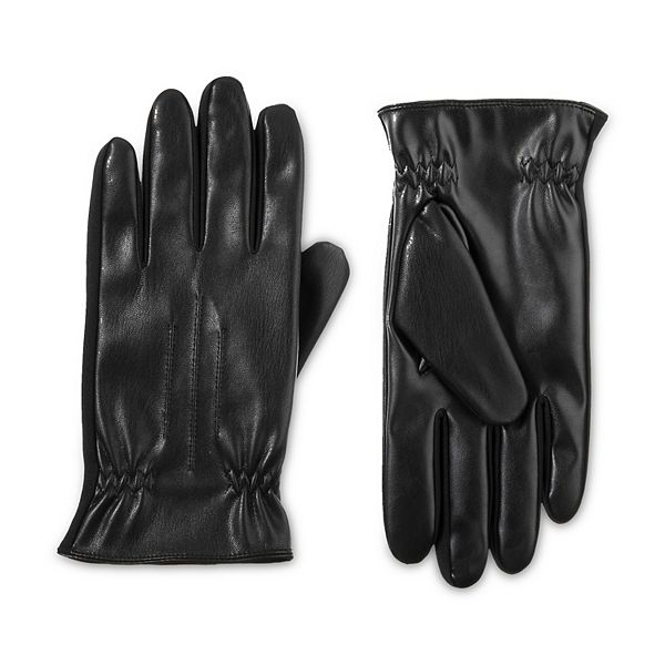 Men's isotoner Insulated Faux Leather Gathered Wrist Gloves with SmarTouch® - Black (M)