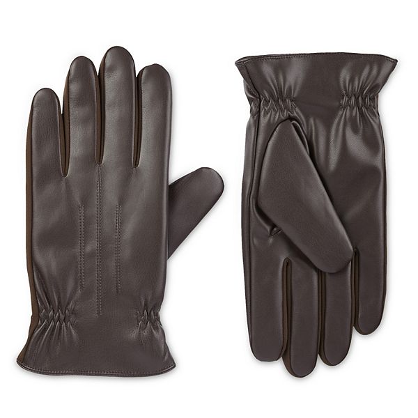 Men's isotoner Insulated Faux Leather Gathered Wrist Gloves with SmarTouch® - Brown (M)