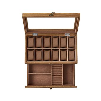 2 tier Watch Display Case With Large Glass Lid Rustic Walnut