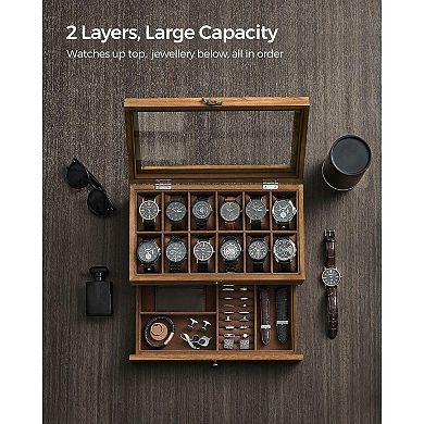 2-tier Watch Display Case With Large Glass Lid Rustic Walnut