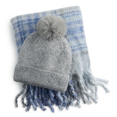 madden girl Plaid Scarf and Rhinestone Beanie 2-Piece Set