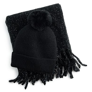 Girls madden girl 2-Piece Tinsel Weave Oblong Scarf & Pom Pom Beanie Set