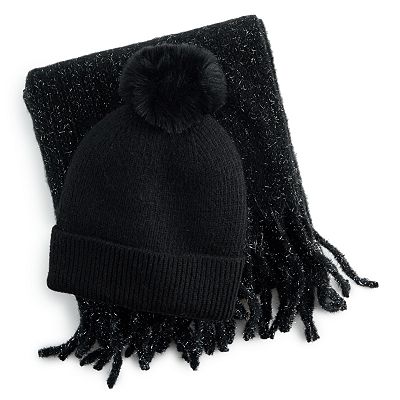 Madden Girl NWT Tinsel Weave Beanie & Oblong Scarf 2-Piece Set Gold madden girl 2-Piece Tinsel Weave Oblong Scarf & Pom Pom  main image 2