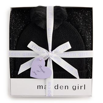 Girls madden girl 2 pc Tinsel Weave Oblong Scarf & Pom Pom Beanie Set
