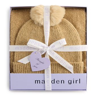 Girls madden girl 2 pc Tinsel Weave Oblong Scarf & Pom Pom Beanie Set