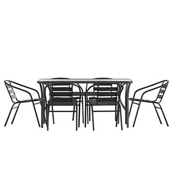 Merrick Lane 7 pc Outdoor Dining Set With Glass Table, 6 Metal Slat Chairs