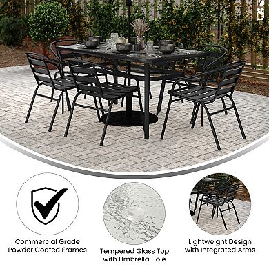 Merrick Lane 7pc Outdoor Dining Set With Glass Table, 6 Metal Slat Chairs