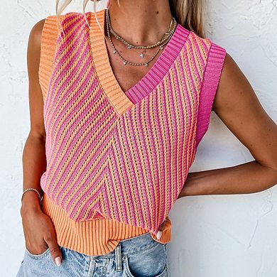 Women's Contrast Chevron Knit V Neck Sweater Vest