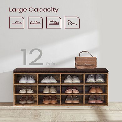 Shoe Bench With Cushion, Entryway Bench With 12 Compartments
