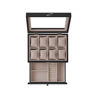 2 tier Watch Display Case With Large Glass Lid, 8-slot Watch Case With Pillows, For Men