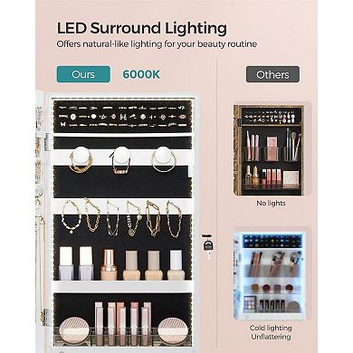 Stylish Jewelry Storage Cabinet with Mirror and LED Lights, Wall or Door Mountable