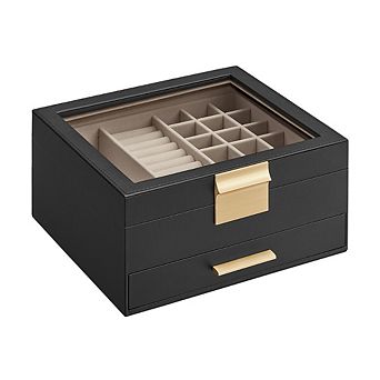 Jewelry Box With Glass Lid, 2-layer Jewelry Organizer, 1 Drawers