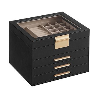 Jewelry Box With Glass Lid, 4-layer Jewelry Organizer, 3 Drawers, For Big And Small Jewelry