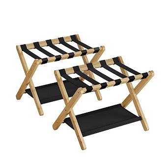 Set Of 2 Folding Bamboo Luggage Rack With Storage Shelf