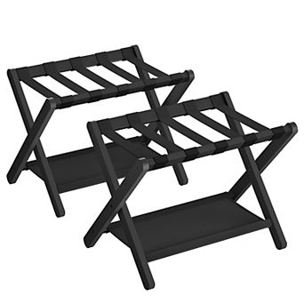 Set Of 2 Folding Bamboo Luggage Rack With Storage Shelf