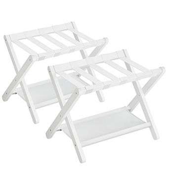 Set Of 2 Folding Bamboo Luggage Rack With Storage Shelf