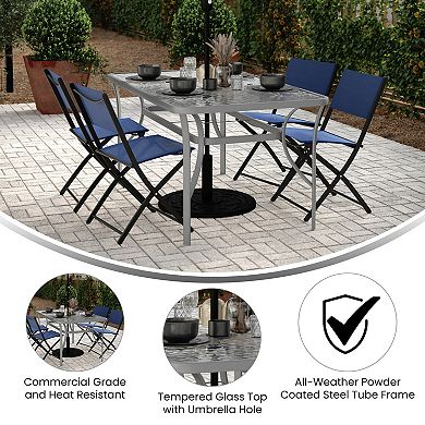 Emma And Oliver Rectangular Tempered Glass Top Patio Table With Umbrella Hole