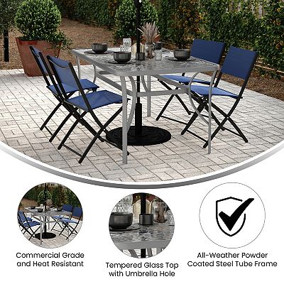 Emma and Oliver Rectangular Tempered Glass Top Patio Table with Umbrella Hole and Black Steel Tube Frame