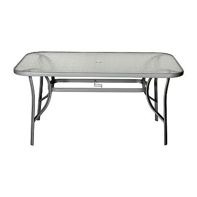 Emma And Oliver Rectangular Tempered Glass Top Patio Table With Umbrella Hole