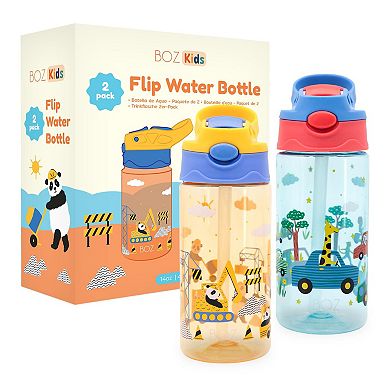 Boz Flip Water Bottles For Kids 2-pack - 14 Oz, Push Button Pop-up Straw, Leak Proof Water Bottle