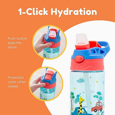 Boz Flip Water Bottles For Kids 2-pack - 14 Oz, Push Button Pop-up Straw, Leak Proof Water Bottle