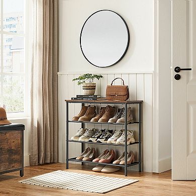 Rustic Brown Shoe Storage Rack With Fabric Shelves