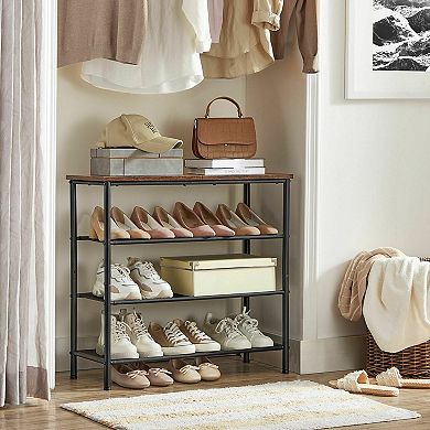Rustic Brown Shoe Storage Rack With Fabric Shelves