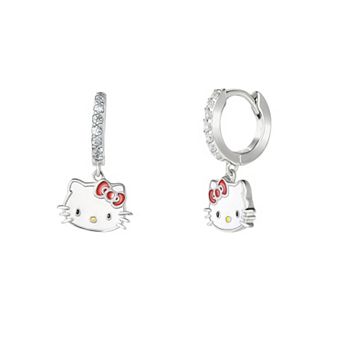 Sanrio Hello Kitty Sterling Silver Cubic Zirconia and Enamel Charm Hoop Earrings