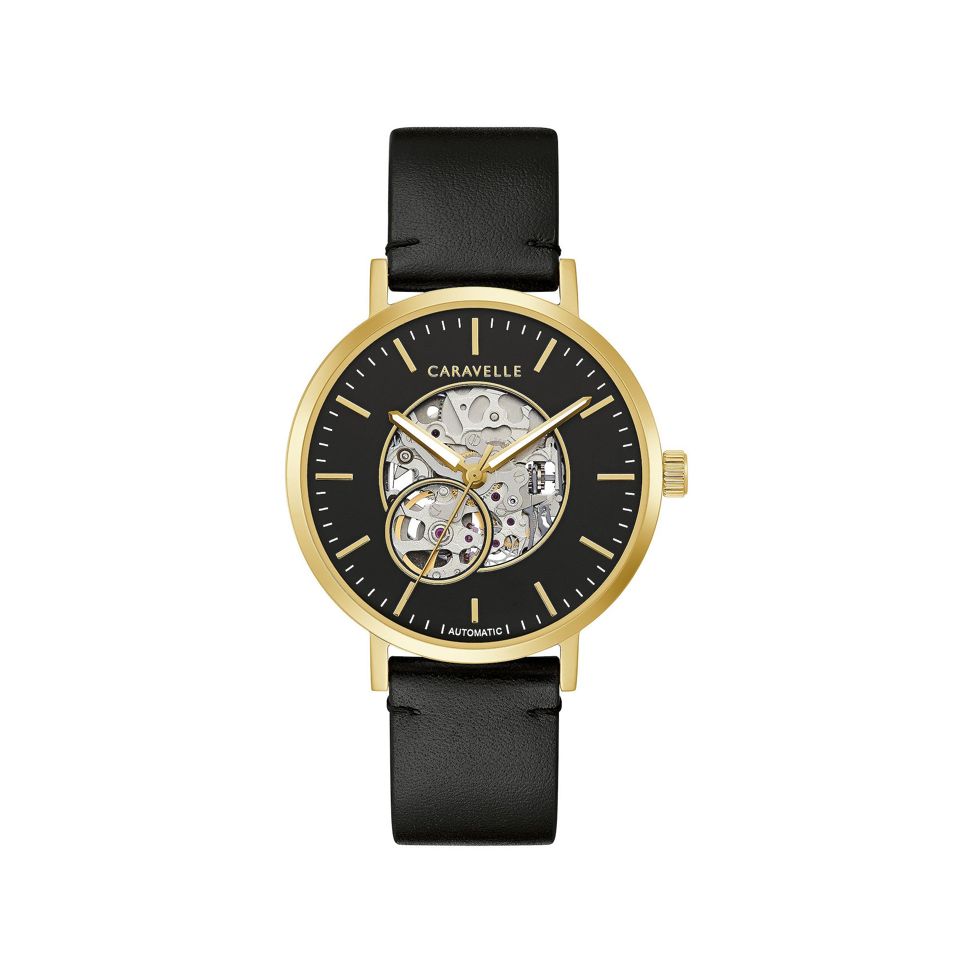 Caravelle by Bulova Mens Gold Tone Stainless Steel Black Leather Strap Wat