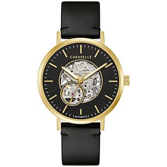 Caravelle by Bulova Men's Gold Tone Stainless Steel Black Leather Strap Watch - 44A121