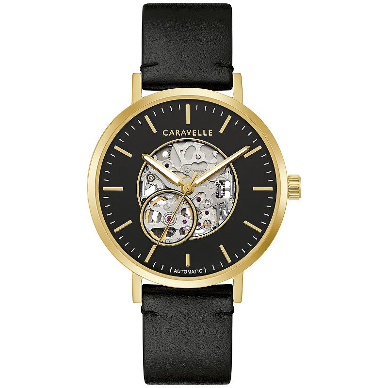 Caravelle by Bulova Men's Gold Tone Stainless Steel Black Leather Strap Watch - 44A121, Size: Large