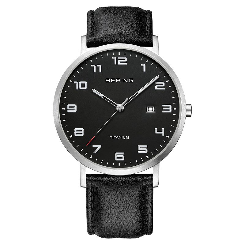 BERING Men's Titanium Leather Strap Watch - 18640-568, Size: 40 mm, Black Black