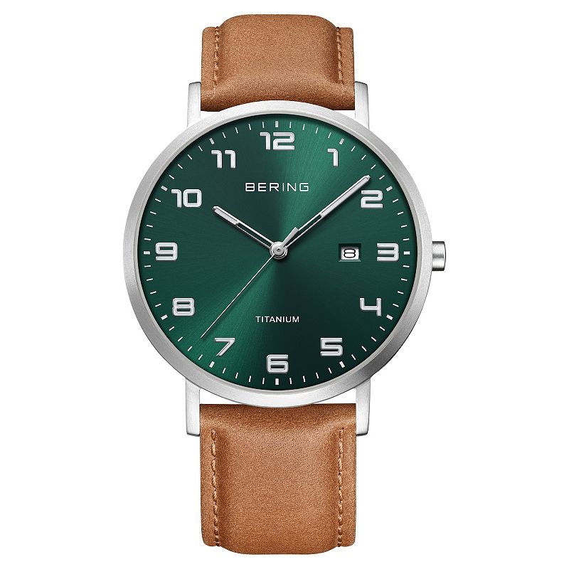 BERING Men's Titanium Leather Strap Watch - 18640-568, Size: 40 mm, Green Brown