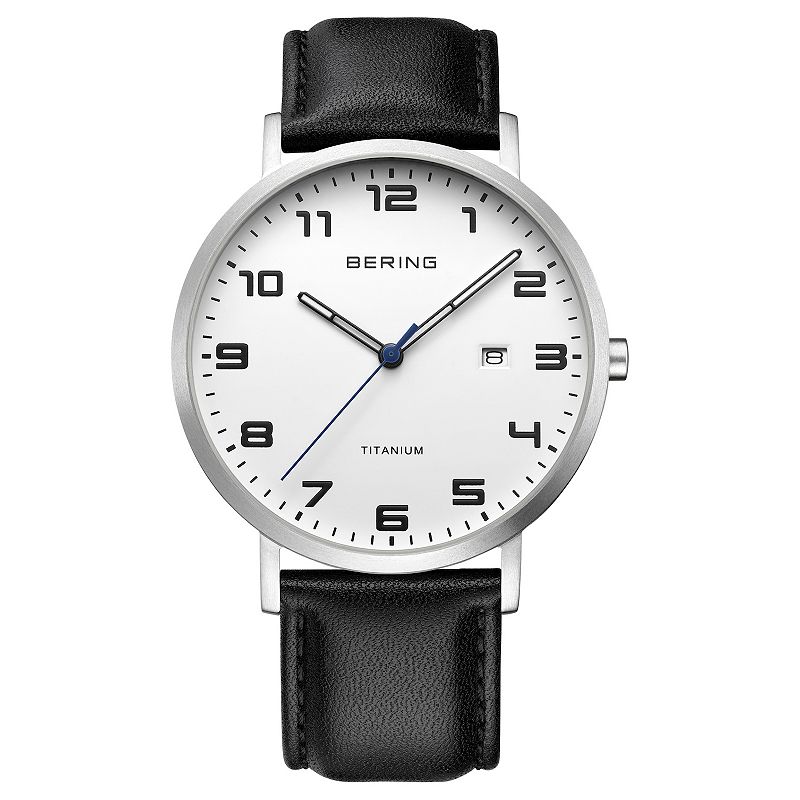 BERING Men's Titanium Leather Strap Watch - 18640-568, Size: 40 mm, White Black