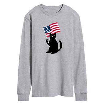 Men's Black Cat With Flag Long Sleeve Graphic Tee.