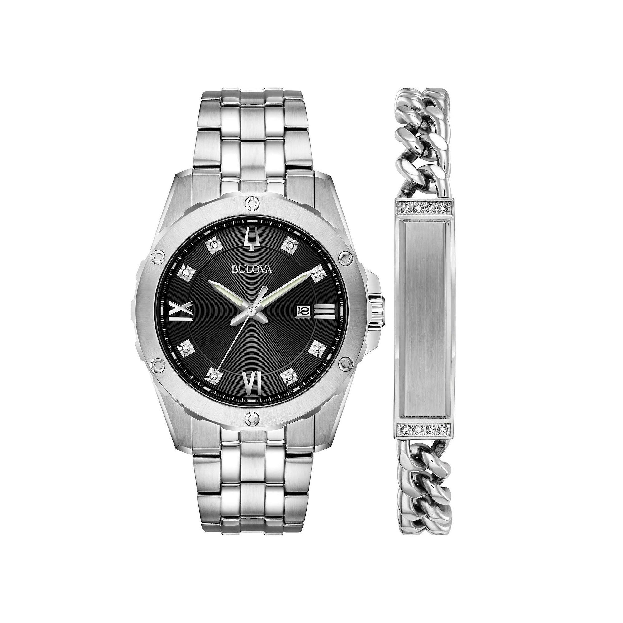 Mens Bulova Stainless Diamond Accent Watch and ID Bracelet Box Set, Size: 