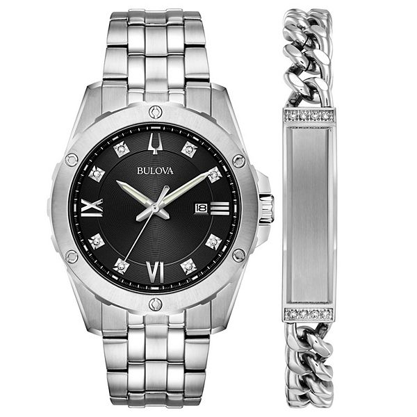 Men's Bulova Stainless Diamond Accent Watch and ID Bracelet Box Set - Silver