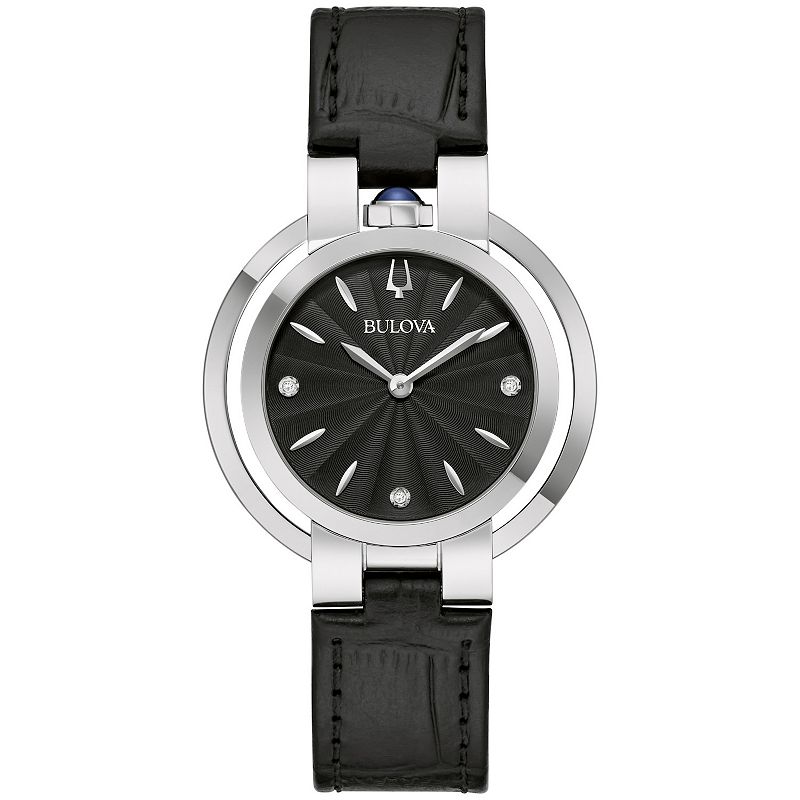 Bulova Women's Rubaiyat Stainless Steel Diamond Accent Dial Watch with Leather Band - 96P238, Size: Medium, Black