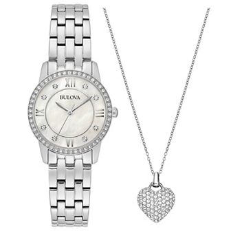 Bulova Women's Stainless Steel Crystal Accent Watch & Heart Pendant Necklace Set 96X157