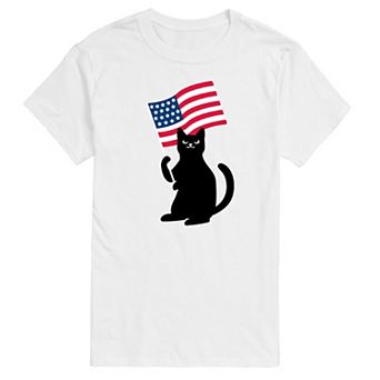 Men's Black Cat With Flag Graphic Tee.