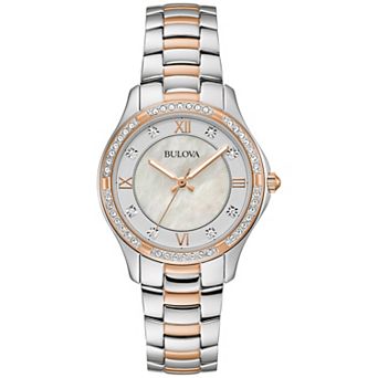 Women's Bulova Two-Tone Stainless Crystal Accent Mother-Of-Pearl Dial Bracelet Watch