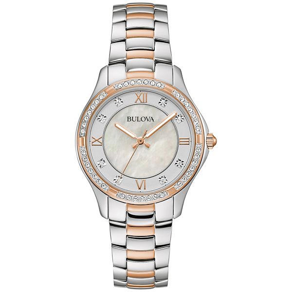 Women's Bulova Two-Tone Stainless Crystal Accent Mother-Of-Pearl Dial Bracelet Watch - Gold Silver