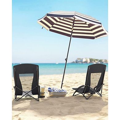 Portable Beach Chair with High Backrest, Cup Holder, Foldable, Lightweight Design