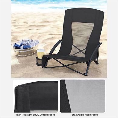 Portable Beach Chair with High Backrest, Cup Holder, Foldable, Lightweight Design