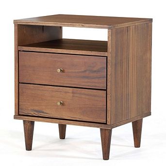 Solid Wood Farmhouse Nightstand with Open Shelf and Metal Pulls, Compact Bedroom Storage