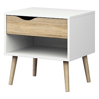 Modern Mid Century Style End Table Nightstand In White & Oak Finish